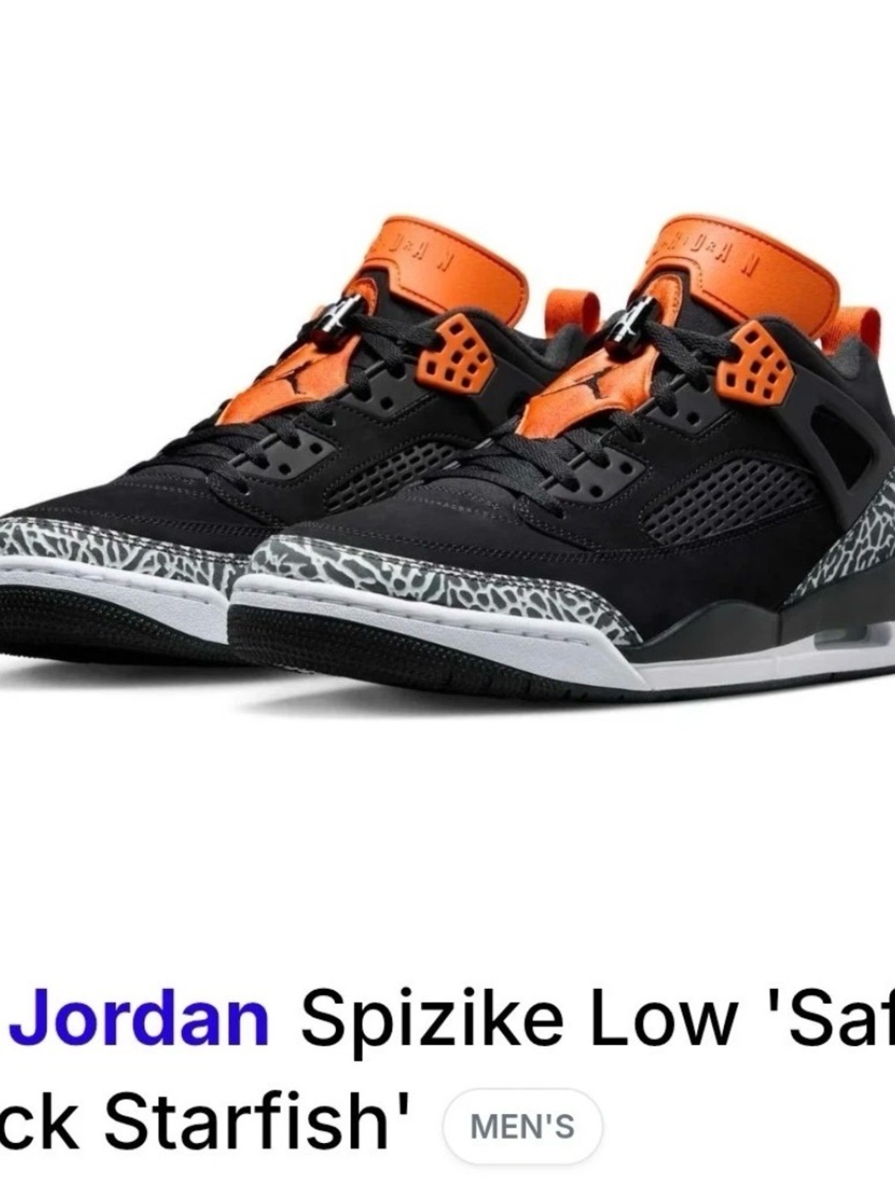 Jordan Spizike Low Black with Orange Pull Tab & Grey Elephant Print